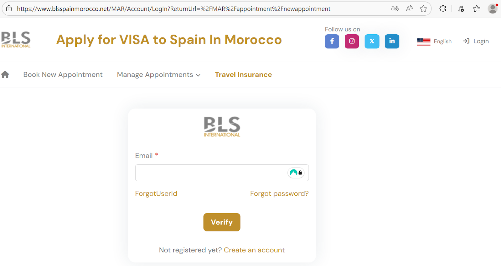 Écran de connexion BLS pour une demande de visa Espagne au Maroc, avec champ e-mail et bouton Verify.