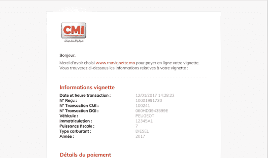Email de confirmation reçu après le paiement en ligne de la vignette, contenant les détails de la transaction.