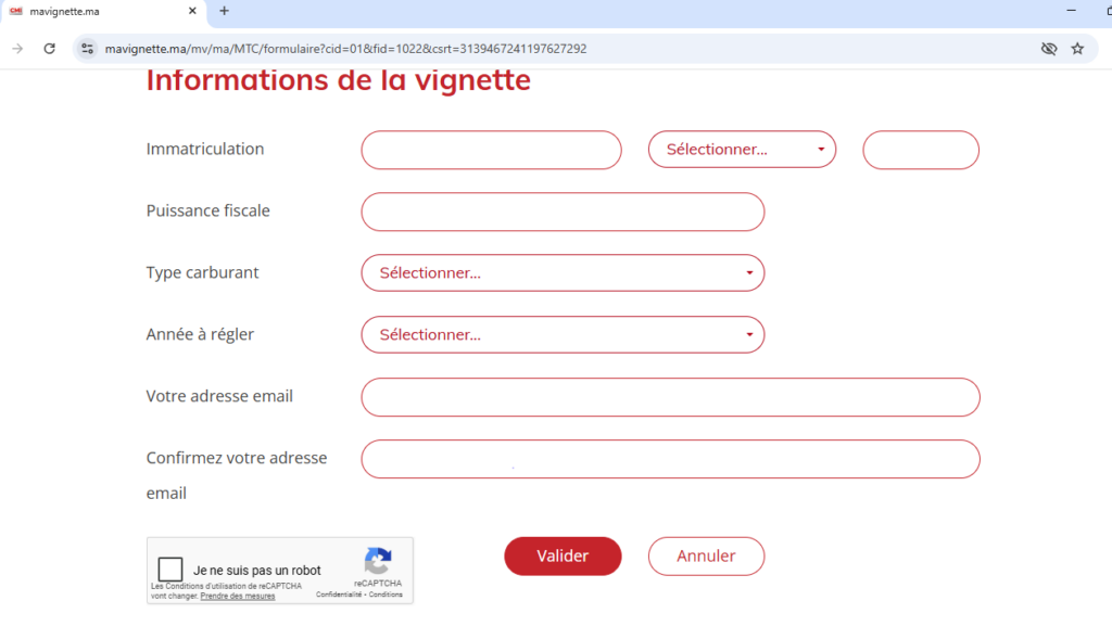 Formulaire en ligne pour saisir les informations de la carte grise : numéro d’immatriculation, puissance fiscale et type de carburant.