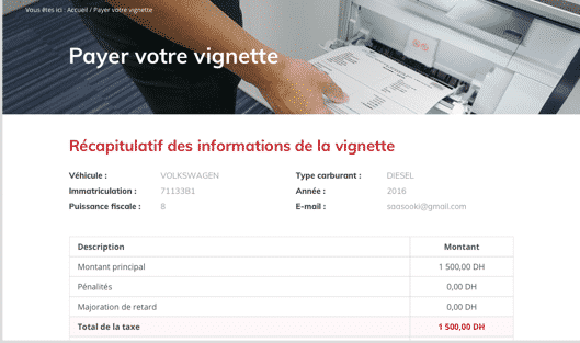 Écran affichant automatiquement le montant de la vignette selon les caractéristiques du véhicule.