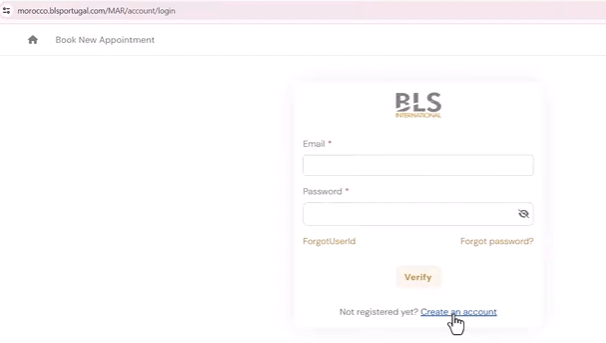 Connexion ou création de compte BLS pour réserver votre rendez-vous visa Portugal.