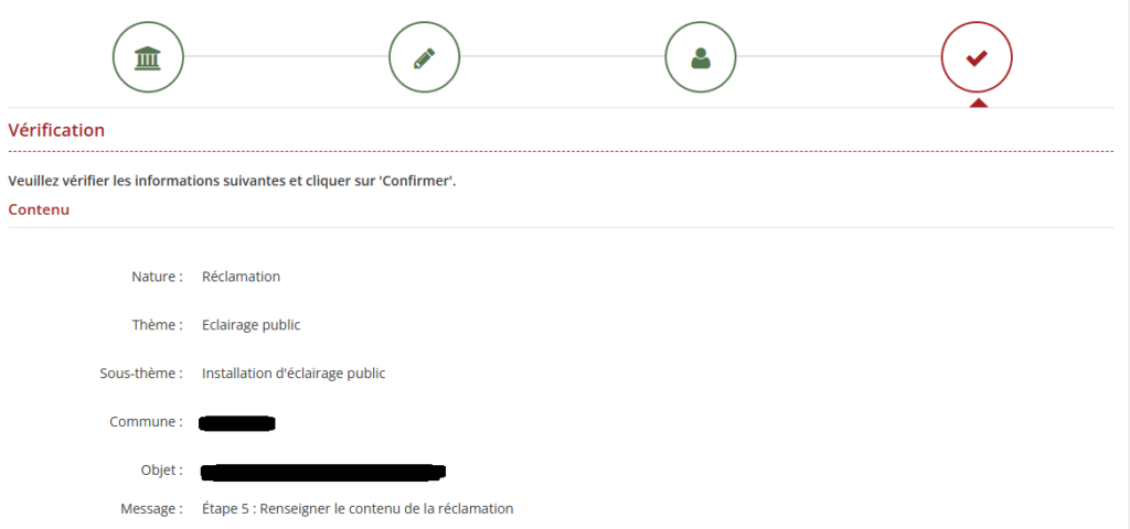Récapitulatif de la réclamation avant envoi avec option de modification et confirmation finale.