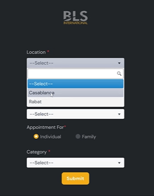 Remplir le formulaire BLS pour choisir centre, type de visa et valider la réservation.