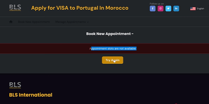 Message BLS indiquant l’absence de créneaux disponibles pour le rendez-vous visa Portugal.