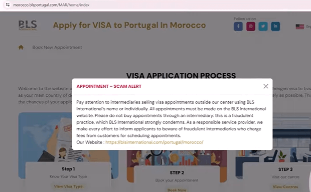 Alerte de sécurité BLS Portugal pour protéger votre prise de rendez-vous visa Maroc.