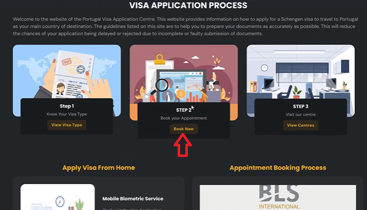 Cliquer sur “Book Now” pour accéder à la prise de rendez-vous visa Portugal Maroc.