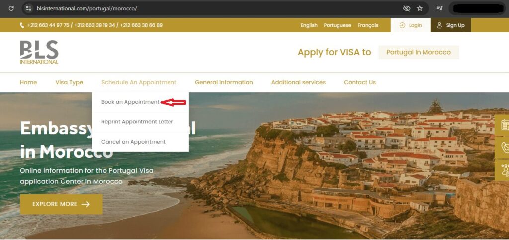 Accédez à la plateforme BLS Portugal Maroc pour réserver votre rendez-vous visa en ligne.