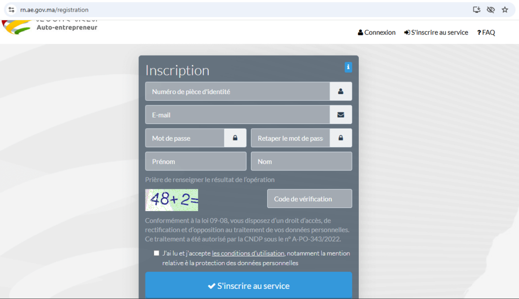 Page de création de compte auto-entrepreneur sur rn.ae.gov.ma avec formulaire à remplir pour ouvrir un espace personnel
