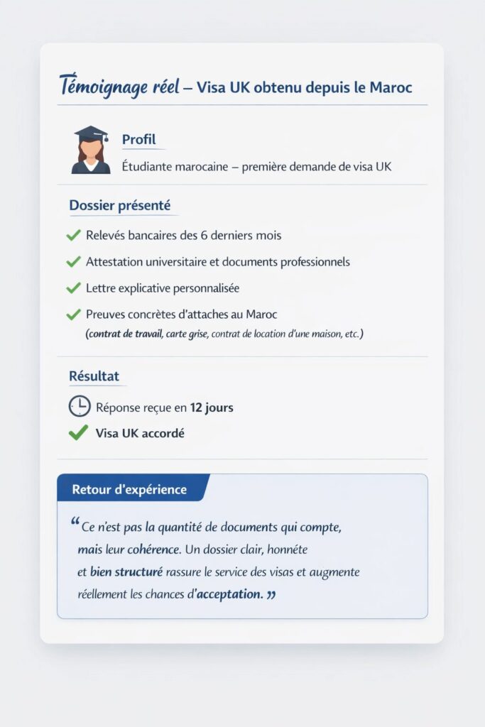 Exemple réel d’obtention de visa UK depuis le Maroc, illustrant l’importance d’un dossier cohérent et de preuves solides de retour.