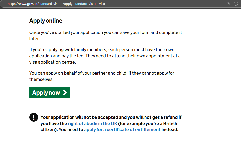Accédez au site officiel du visa UK depuis le Maroc et cliquez sur ‘Apply now’ pour commencer votre demande.