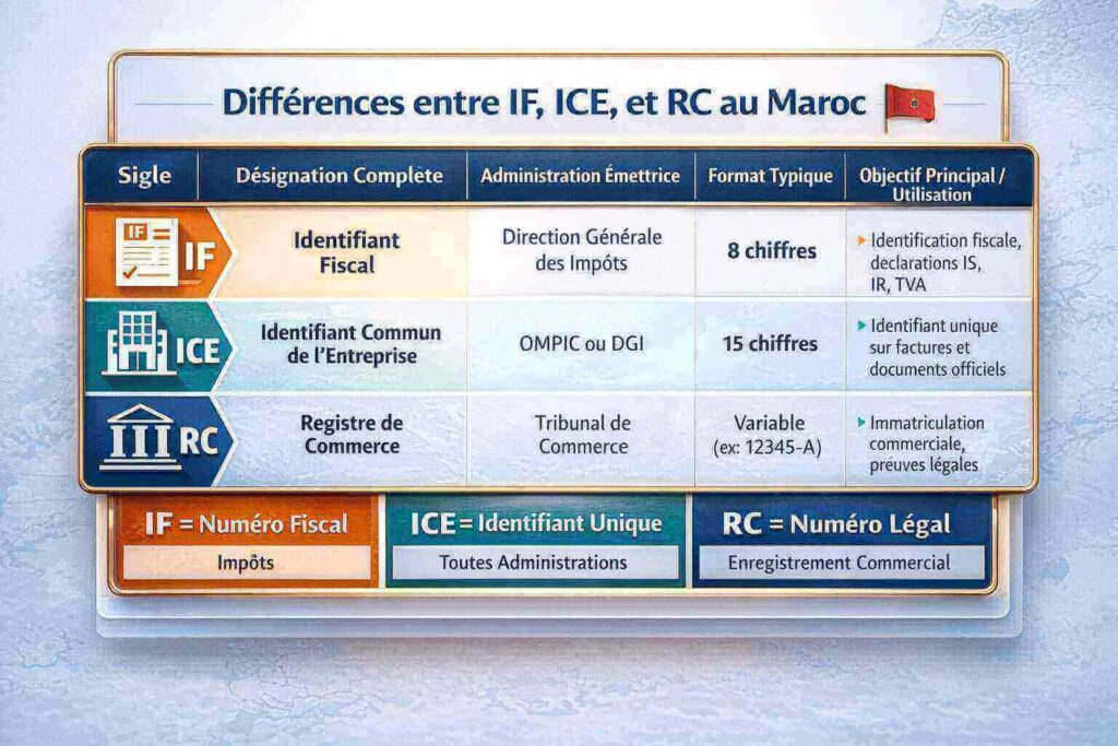 Tableau comparatif expliquant les rôles et différences entre IF, ICE et RC au Maroc