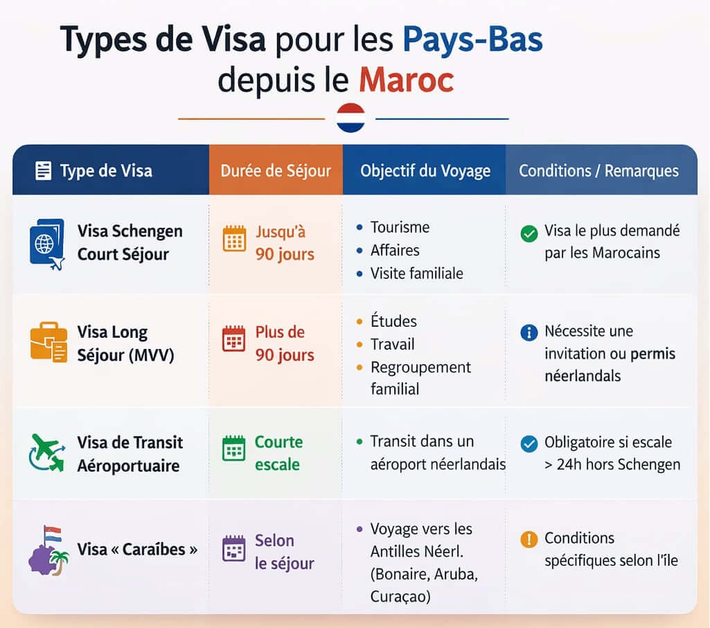 Tableau des types de visas pour les Pays-Bas depuis le Maroc avec durée de séjour, objectif du voyage, conditions et remarques.