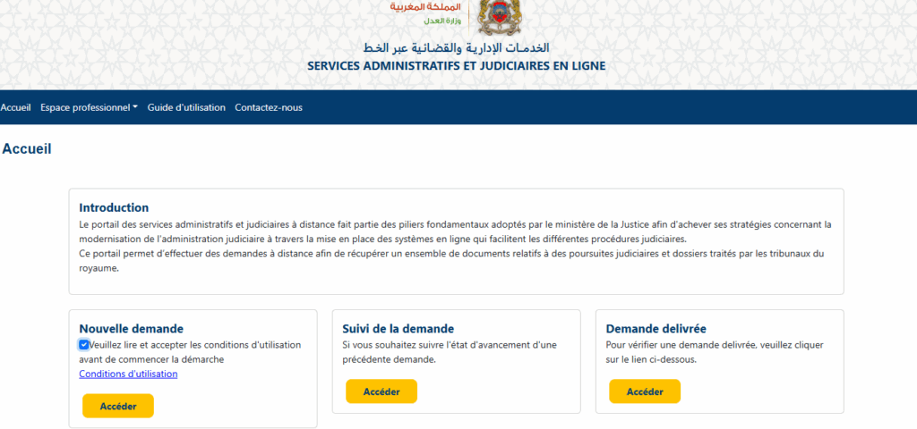Capture d’écran de l’étape 1 : accès à la plateforme officielle du registre de commerce au Maroc (rubrique « Nouvelle demande »)