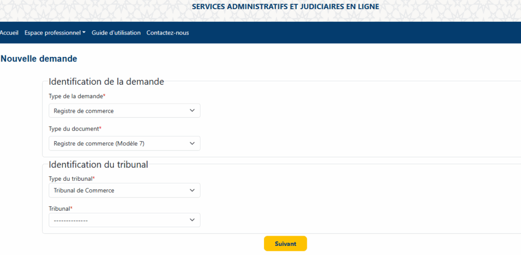 Capture d’écran de l’étape 2 : sélection du type de document « Registre de commerce » et choix du modèle (Modèle 7 ou Modèle 9)