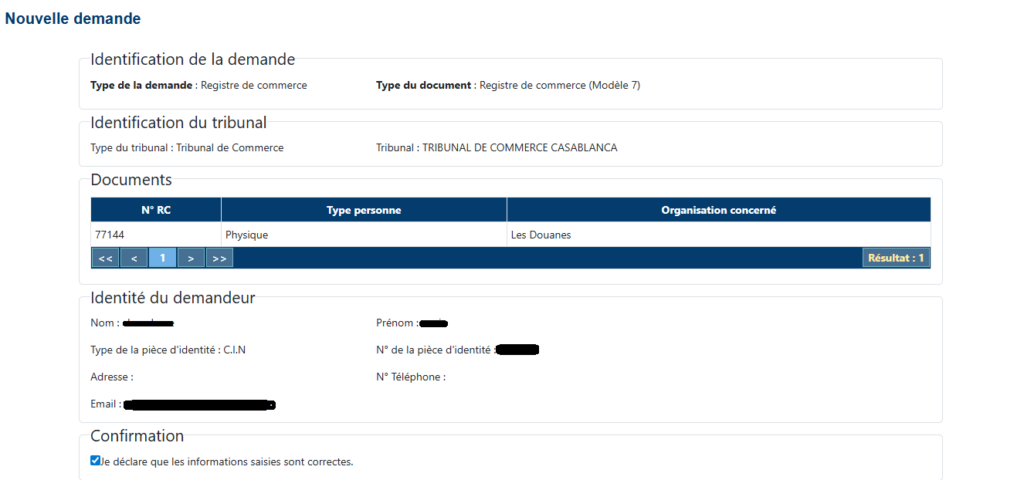 Capture d’écran de l’étape : vérification des informations, confirmation et ajout de la demande (« Les informations sont correctes »)