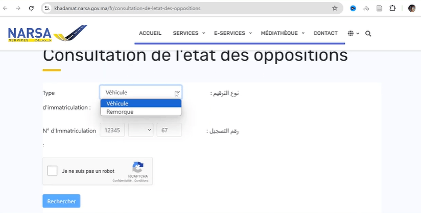 Capture d’écran du portail khadamat.narsa.ma montrant la consultation des oppositions avec saisie du numéro d’immatriculation et validation du captcha.
