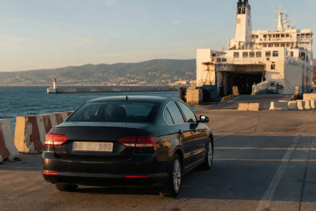 Voiture immatriculée au Maroc sur un quai de ferry en France, prête à rentrer au pays.